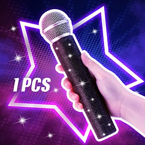 Sanwuta Fake Microphone Prop Sparkly Bling Rhinestones Plastic Play Microphone Pretend Glitter Bedazzled Mic for Cosplay Party Costume(Black)
