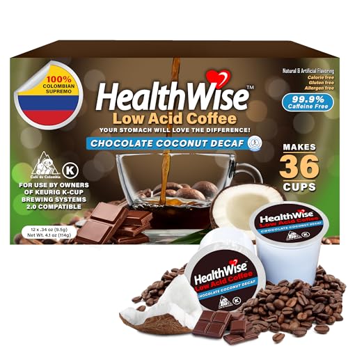 Healthwise Chocolate Coconut Decaf Low Acid Coffee K-Cups - Swiss Water Process - Acid Reflux, Heartburn, Gastro Issues - Healthier Coffee For Sensitive Stomachs - 36 Count (Pack of 1)