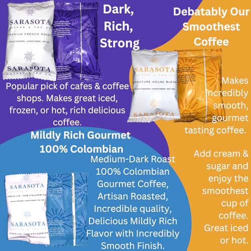 Sarasota Coffee Ground Packets | Gift Set Assorted Variety Sampler Packs | Medium, Colombian, & Dark Roast | Gourmet Low Acid Mold Free Individual Pouches for 12 Cup Coffee Maker | 2 Oz Bags, 36 Count