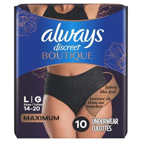 Always Discreet Boutique Incontinence and Postpartum Underwear for Women, Maximum Protection, Large, Black, 10 Count