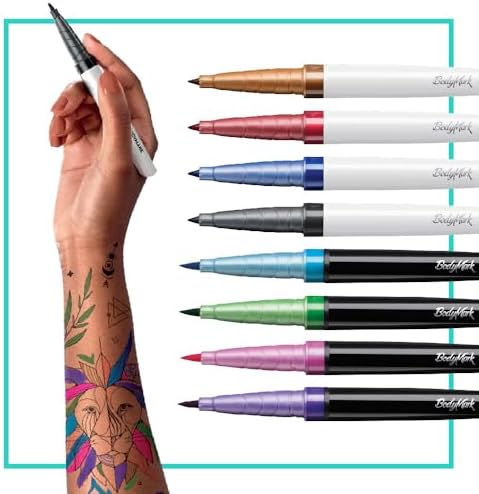 BODYMARK Temporary Tattoo Markers, 8-Count Artist's Set, Mixed Brush Tips, Assorted Colors, Skin-Safe & Cosmetic Quality, Cruelty-Free, Long Lasting, Stencils Included