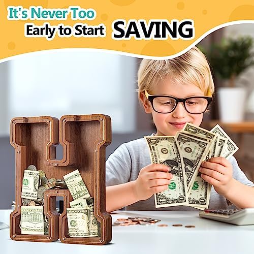 Summidate Customized Name Extra Large Wooden Piggy Bank for Kids Boys Girls Letter A-Z Coins Bills Money Change Bank Box Clear Cover (Laser Engraved) Educational Toys 12"- Letter H