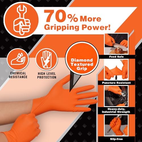 Industrial Nitrile Gloves – Heavy Duty Latex & Powder Free Disposable Gloves with Diamond Texture - 8 Mil (Orange)
