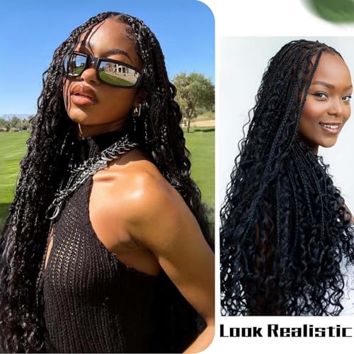 Fancy Hair Braided Wig Square Knotless Boho Box Braided Wigs with Curly Ends Full Double Lace Glueless Braids Wig with Baby Hair Synthetic Black Braided Wig for Black Women