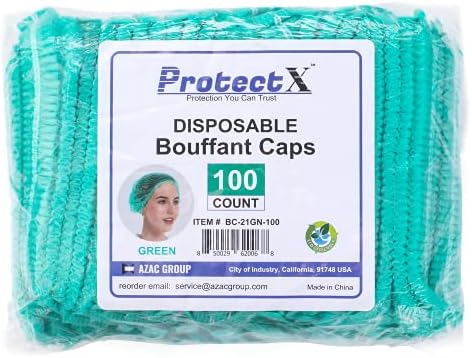 ProtectX 100-Pack Green Disposable Hair Nets, Elastic Head Cover, Bouffant Caps, Sanitation Head Cover for Food Service, Spa Men & Women - 21 inch