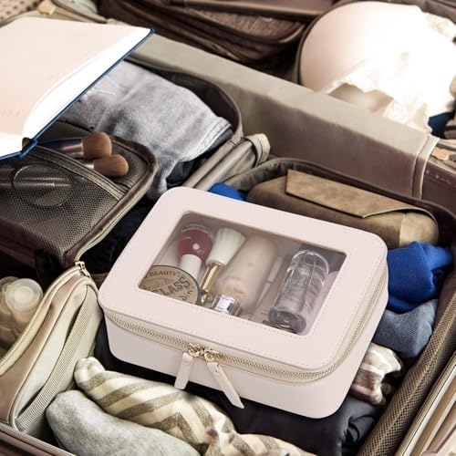 Clear Makeup Bag for Women Waterproof Travel Cosmetics and Toiletries Case Portable Makeup Oaganizer Bag Clear Car Bag with Zipper (Beige, M)