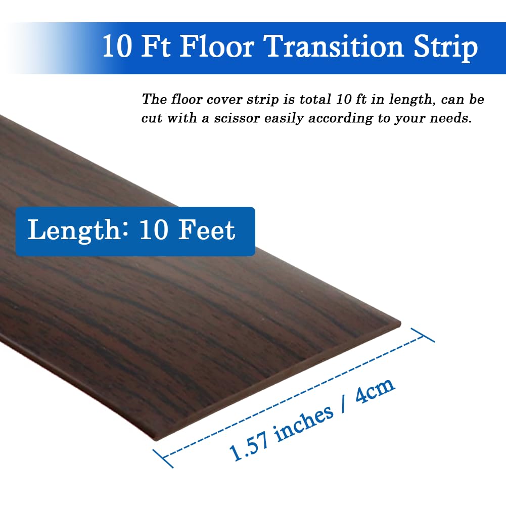 Floor Transition Strip Self Adhesive Floor Cover Strips Laminate 1.57" Wide Vinyl Flat Divider Transitions Elegant Wood Grain Design (4cm, 10Ft, Black Walnut)