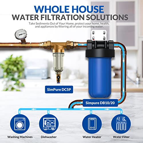 SimPure 100/500 Micron Spin Down Sediment Filter, Reusable Whole House Sediment Water Filter, Pre-Filtration System for City/Well Water, 1" MNPT + 3/4" FNPT + 3/4" MNPT, BPA Free