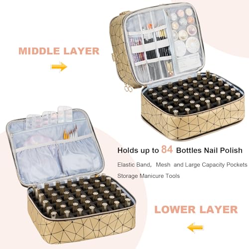 Uross Nail Polish Organizer Bag Holds 84 Bottles Nail Polish & Nail Lamp, Gel Nail Polish Organizers and Storage box for Nail Tech, Nail Kit Supplies Organizer Case-Golden