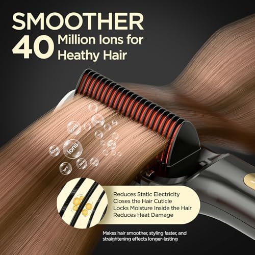 Hair Straightener Brush, Negative Ion Flat Iron & Straightening Comb 2 in 1 with Convenient Comb, Fast Heating, Anti-Scalding, 30s Fast Heating, 5 Temp Settings 284℉ - 392℉ (Gold Gray)