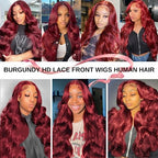 99j Burgundy Body Wave Lace Front Wigs Human Hair 180 Density 13x4 HD Transparent Lace Frontal Wigs Human Hair Glueless Wine Red Wigs Brazilian Virgin Human Hair Pre Plucked with Baby Hair