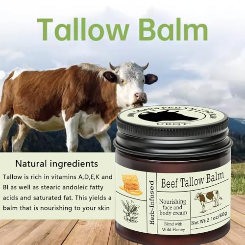 Beef Tallow For Skin, Beef Tallow and Honey Balm Face Moisturizer, Organic Grass Fed Tallow Deeply Nourishing for Face & Body - Whipped Beef Tallow Skin Balm, Moisturizing Skin Care Cream for Dry Skin
