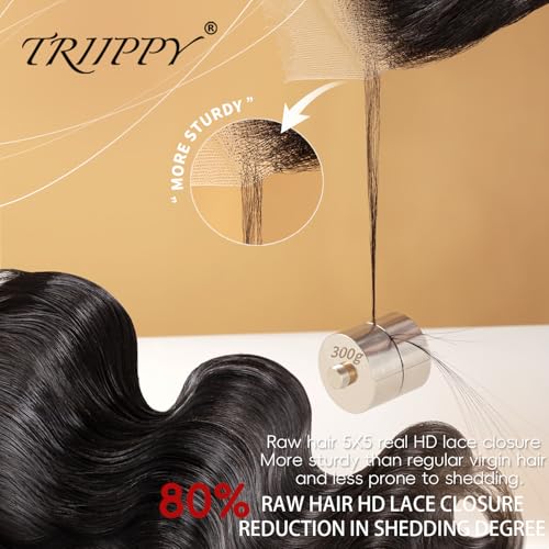 Triippy Raw Hair 5x5 HD Lace Closure Body Wave More Less Shedding than Regular Virgin Hair, 0.10mm Ultra-Thin 5x5 Swiss Real HD Lace with 100% Raw Cambodian Human Hair 16 Inches