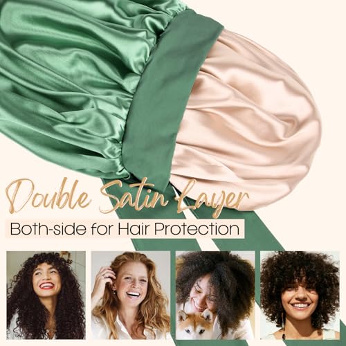 YANIBEST Large Jumbo Satin Hair Bonnets for Sleeping Double Layer Satin Lined Shower Cap for Women Men Cap for Curly Natural Hair,Green