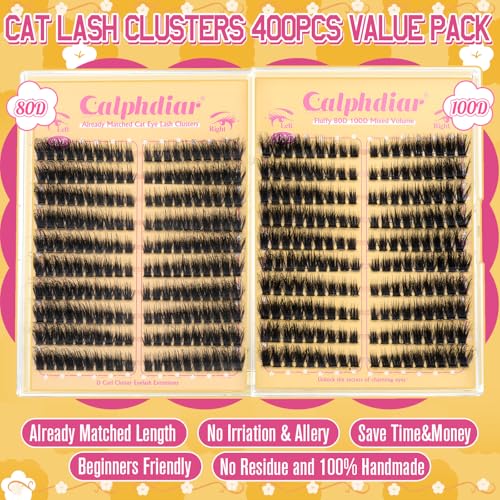 Fluffy Cat Eye Individual Lashes 80D+100D Volume Cluster Eyelash Extensions D Curl Lash Clusters 10-18mm Eyelash Clusters 380pcs Light & Right Cluster Lashes Thick Lash Extension Easier to Use