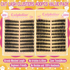Fluffy Cat Eye Individual Lashes 80D+100D Volume Cluster Eyelash Extensions D Curl Lash Clusters 10-18mm Eyelash Clusters 380pcs Light & Right Cluster Lashes Thick Lash Extension Easier to Use