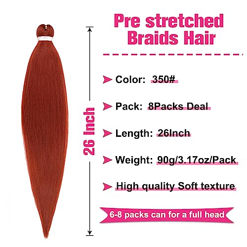Unionbeauty Pre Stretched Braiding Hair 26 Inch 8 Packs Crochet Hair Copper Red Crochet Braiding Hair for Box Braids Dark Ginger Yaki Texture Hair Hot Water Setting Crochet Braid Hair Extension (350#)