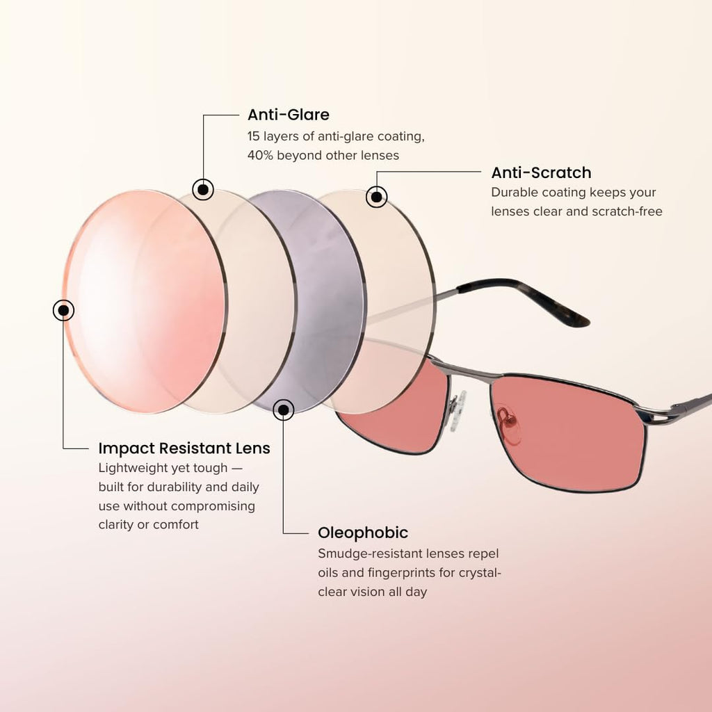 BRADDELL FL-41 Photochromic Transitional Rose Tinted Blue Light Glasses for Migraine Light Sensitivity, Eyestrain and Fluorescent LED Glare (Work)