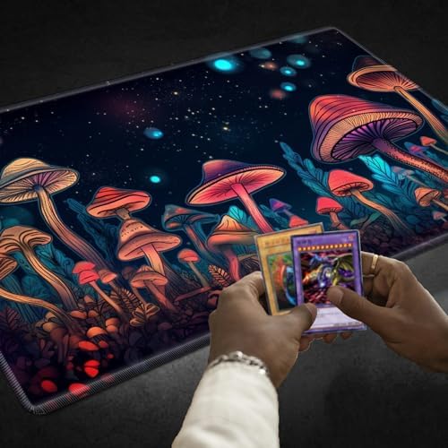 for MTG Playmat TCG Board Game Mat Plus 50 Pcs Card Sleeves, 24 x 14 Table Mats Neon Mushroom Game Mousepad with Soft Surface Non-Slip Base for MTG Trading Card Game Playmats