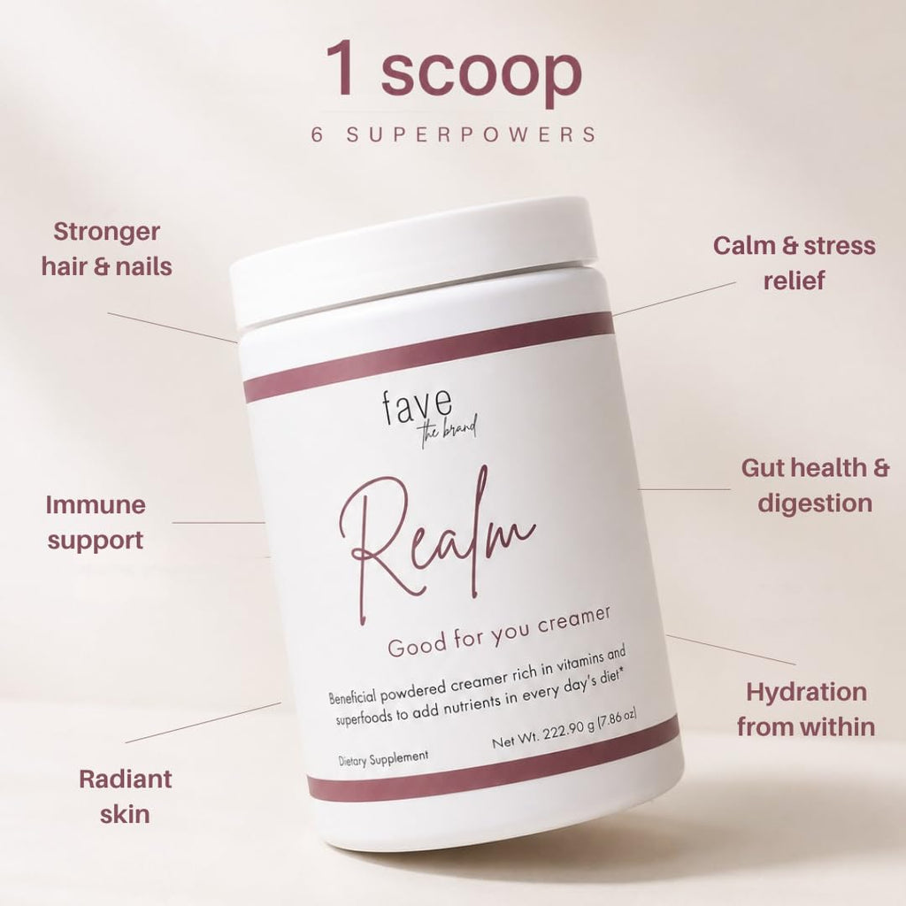 Fave the Brand Realm Functional Coffee Creamer Powder | L-Theanine, Magnesium & Hyaluronic Acid | Calm Energy, Hydration & Beauty Support | Daily Wellness Creamer