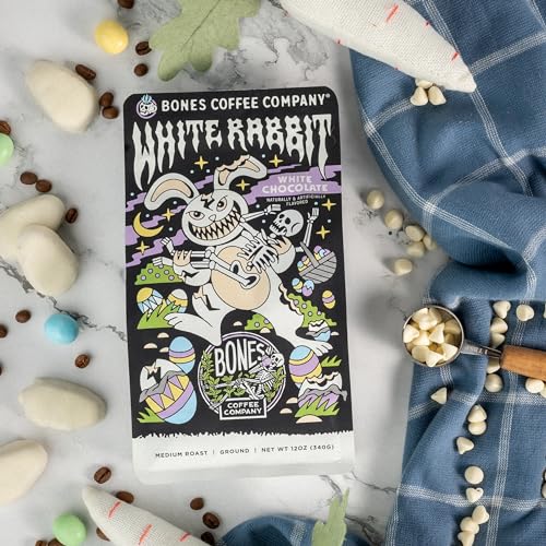 Bones Coffee Company White Rabbit Flavored Coffee Beans, Medium Roast Ground Coffee Low Acid, White Chocolate Flavor (12 oz)