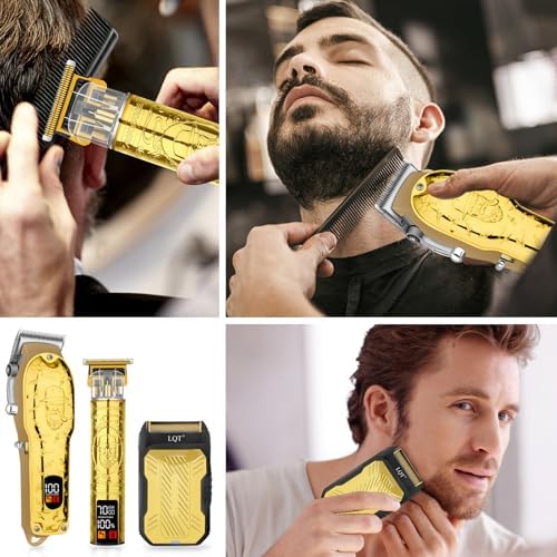 Professional Hair Clipper Set for Men Electric Shaver Razor Cordless Hair Cutting Barber Clippers Beard Trimmer Men’s Grooming Kit Gifts for him (Gold)