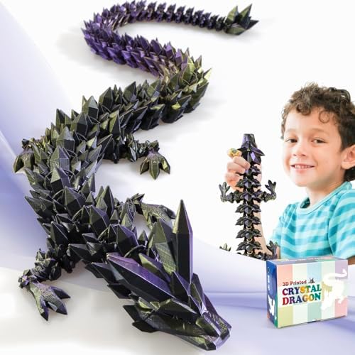Large 3D Printed Dragon,24 Inch 3D Dragon Toys,Bigger Fidget Crystal Animals Toys, 3D Printed Articulated Animals for Home Office Car Desk Decor （Black Purple Gold）