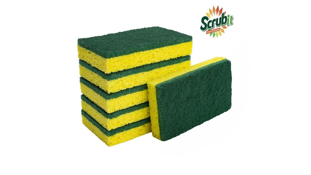 SCRUBIT Heavy Duty Scrub Sponges - Dishwashing Sponge Along with A Tough Scouring Pad - Ideal for Cleaning Kitchen, Dishes, Bathroom - Yellow - 24 Dish sponges