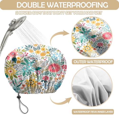 2 PCS Shower Cap Reusable Waterproof Double Layer Elastic Adjustable Hair Bath Caps Cute Aesthetic for Women Girls-Flowers