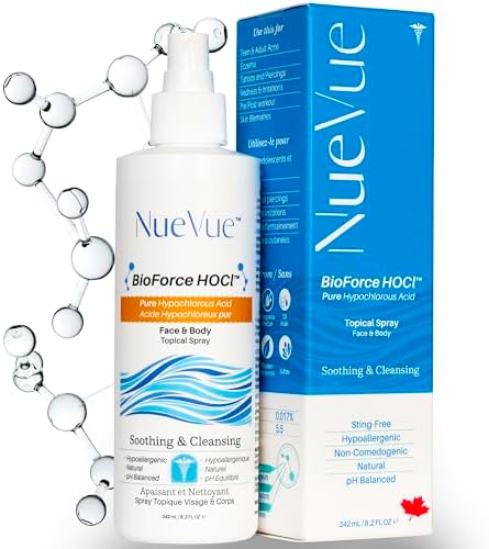 BioForce HOCl - Pure Hypochlorous Acid Spray for Face & Body - Acne-Prone Skin & Eczema, Piercing aftercare, Made in Canada, Gentle Skin Cleanser & Toner, pH Balanced, Non-comedogenic - NueVue (8.2oz)