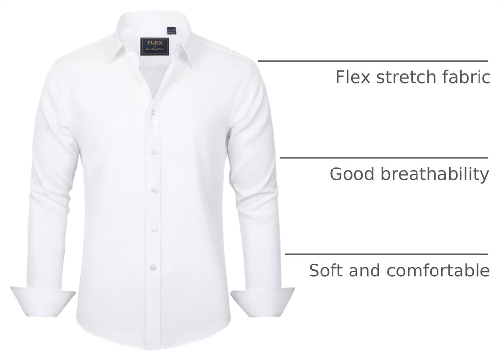 J.VER Men's Dress Shirts Solid Long Sleeve Stretch Wrinkle-Free Formal Shirt Business Casual Button Down Shirts White Medium