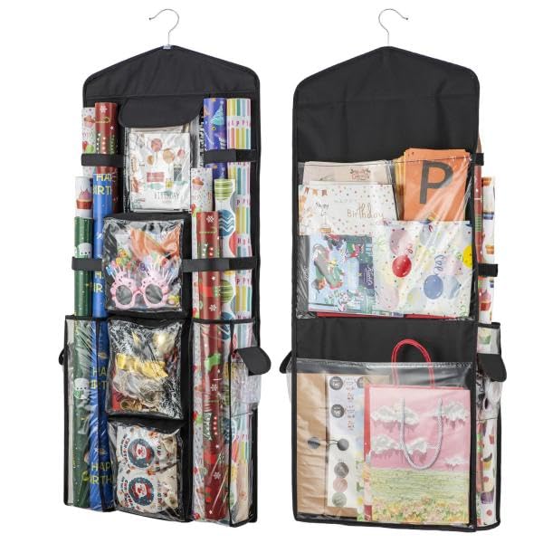EOLIMEX Christmas Wrapping Paper Organizer Storage, Hanging Gift Bag Storage Organizer, Double-Sided Wrapping Paper Holder Storage - Black