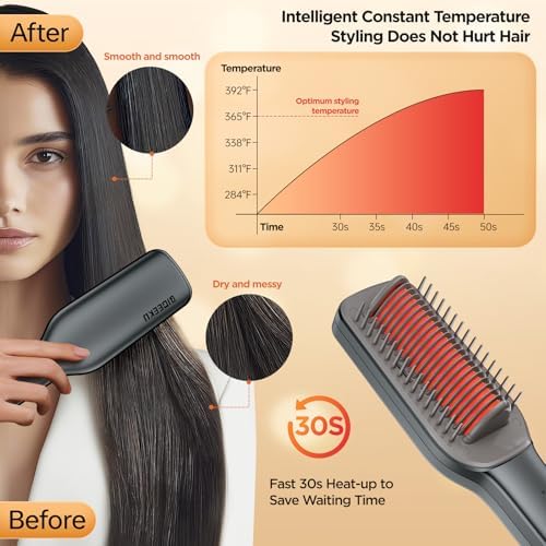 Hair Straightener Brush, Negative Ion Flat Iron & Straightening Comb 2 in 1 with Convenient Comb, Fast Heating, Anti-Scalding, 30s Fast Heating, 5 Temp Settings 284℉ - 392℉ (Gray)