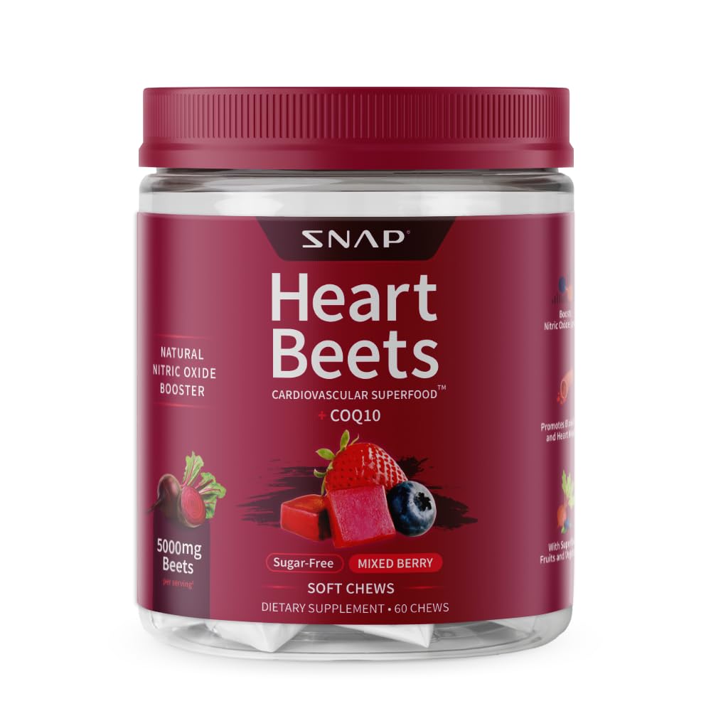 Snap Supplements Heart Beets Beet Root Soft Chews, Cardiovascular Support Supplement for Men & Women, CoQ10 & Acai, Energy & Circulation Support, Sugar Free, Mixed Berry, 60 Soft Chews