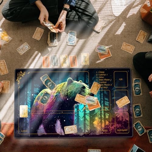 for MTG Playmat with Zones 24 x 14 inches for TCG MTG Play Mat Non-Slip Rubber Base Commander Playmats for Magic The Gathering Playmat Iorcana Trading Card Game, Forest Bear