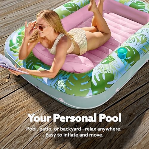 SLOOSH Inflatable Tanning Pool Lounger Float, 70" x 46" Pool Floats Adult with Pillow, 4 in 1 Suntan Tub Raft Floatie,Sunbathing Bed Lounge for Water Blow Up Kids Ball Pit Party Gifts, L-Cyan Pink