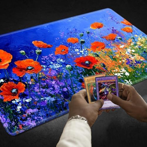 Playmats for Magic: The Gathering MTG Card Game Mat Plus 50 Pcs Card Sleeves, 24 x 14 inch TCG Mat with Stitched Edge for Commander Deck Duskmourn Board Game, Poppies and Wildflowers