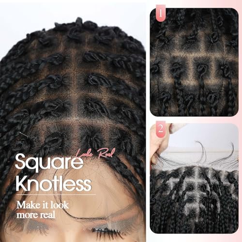 Fancy Hair Braided Wig Square Knotless Boho Box Braided Wigs with Curly Ends Full Double Lace Glueless Braids Wig with Baby Hair Synthetic Black Braided Wig for Black Women