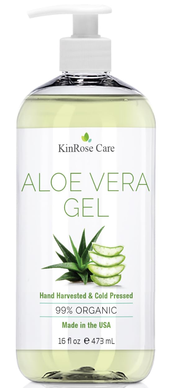 KinRose Care, 16oz Organic Aloe Vera Gel for Face, Skin, Hair & Sunburn Relief - From 100 Percent Pure Aloe Vera - Cold Pressed, Vegan, Unscented - Made in USA.