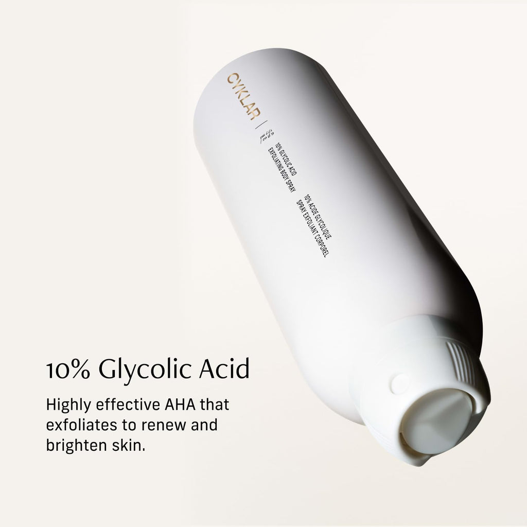 Cyklar Glycolic Acid Exfoliating Body Spray – 10% AHA Toner for Face & Body. Skin-Smoothing Spray with Peptides & Enzymes – Fragrance-Free, 6 fl oz
