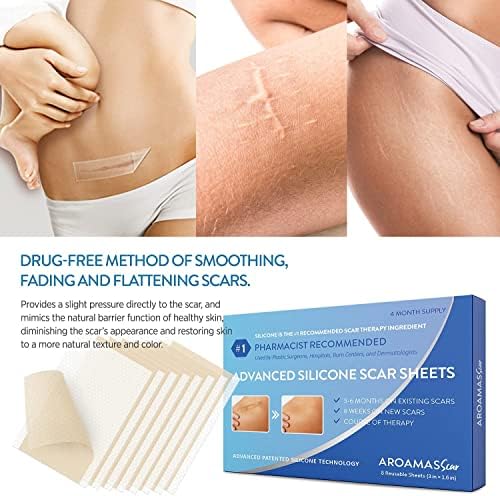 Aroamas Scar Silicone Scar Tape– Softens & Flattens Scars from Surgery, Injury, Burns, C-Section, Scratch Marks – Reusable Medical-Grade Silicone Scar Sheets for All Skin Types [3"x1.57", 8 Sheets]