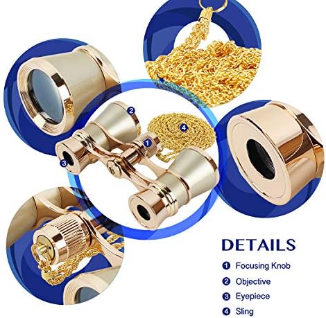 Aomekie Opera Glasses Binoculars 3X25 Theater Glasses Mini Binocular Compact with Chain for Adults Women in Musical Concert（Gold）