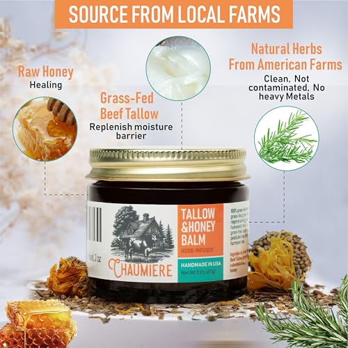 Herb Infused Organic Grass Fed Beef Tallow Honey Balm -Tallow Face Moisturizer - Whipped Tallow and Honey Balm - Raw Honey, Facial Lotion for Sensitive Skin - 2fl oz