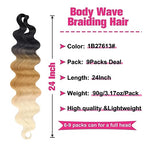 Unionbeauty 24 Inch Body Wave Braiding Hair 9 Packs Pre-Feathered Braiding Hair for Boho Box Braids Crochet Hair Ombre Brown Blonde Synthetic Crochet Braids Hair Extensions for Black Woman(1B/27/613#)