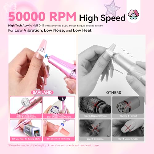 SAVILAND Powerful Electric Nail Drill Professional: 50000RPM Nail Filer Electric Nail File Rechargeable Nail Drill Kit Portable Nail Efile 2 Ceramic Bit 2 Sticker for Fast Remove Acrylic Nail