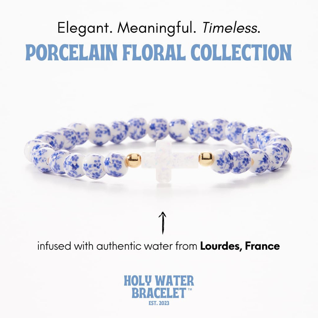 Holy Water Porcelain Cross Bracelet in Silver, Blue Floral Beads, Women