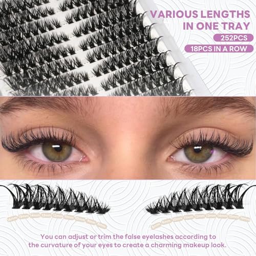 60D Natural Lash Clusters Lash Extensions Kit 252 Pcs Fluffy Eyelash Clusters DIY Individual Lashes Extensions D Curl Left & Right Eyelash Cluster with Bond and Seal and Tweezers
