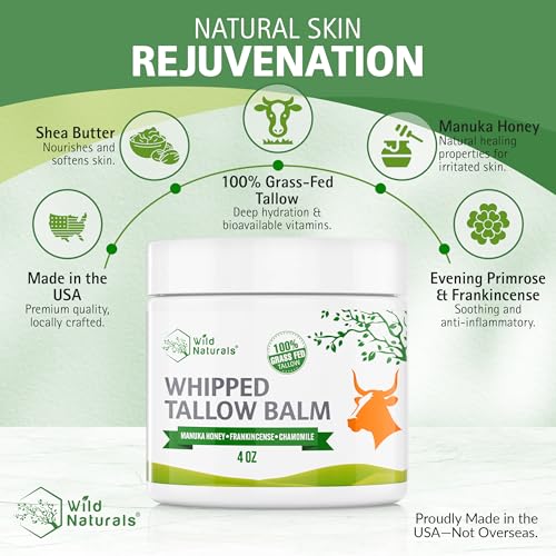 Wild Naturals Whipped Tallow Balm, 100% Grass Fed Beef Tallow and Honey Balm for Face and Body, Unscented Face Moisturizer, Anti-Aging and Dry Skin Relief, Non-Greasy, All-Natural, 4oz