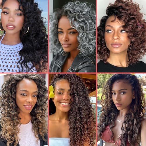 Leeven 14 Inch 8 Packs Short Curly Crochet Hair Pre Looped Boho Ocean Wave Crochet Hair Chocolate Brown Mix Honey Blonde Ocean Braids Pre Twisted Synthetic Deep Wavy Crochet Hair for Women