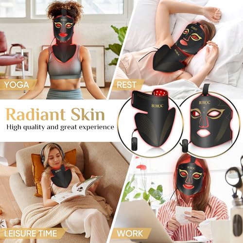 Red Light Therapy Mask Set, Five-Level Brightness Adjustment for Face and Neck, 630nm Infrared Light + 850nm Near-Infrared Light Mask Phototherapy, Portable Mask with Power Storage, Black